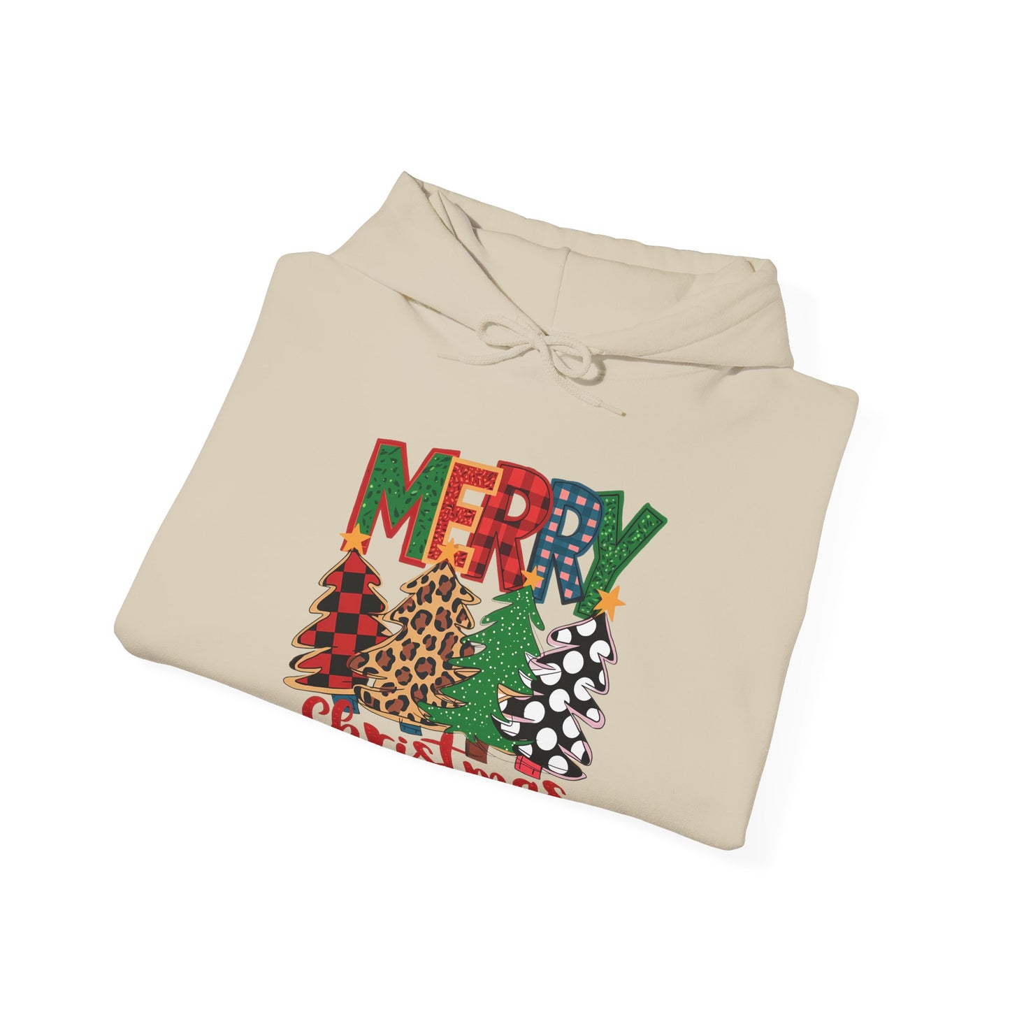 Merry Christmas Pine Tree Hoodie — Festive Buffalo Plaid Holiday Sweatshirt