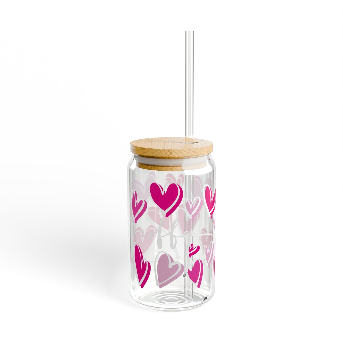 16oz Heart Pattern Sipper Glass with Bamboo Lid & Straw — Pink Valentine Drink Tumbler