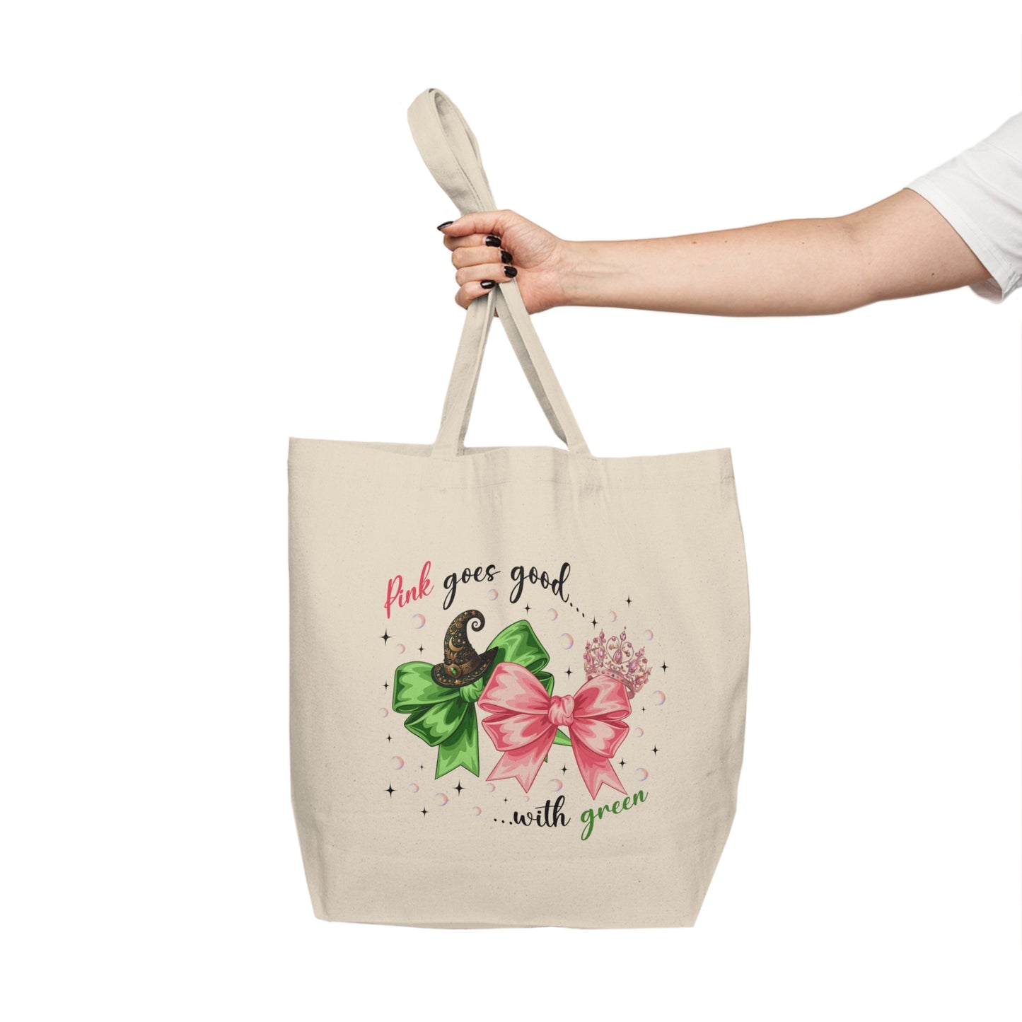 Canvas Tote Bag — "Pink Goes Good... with Green" Festive Bow Shopper