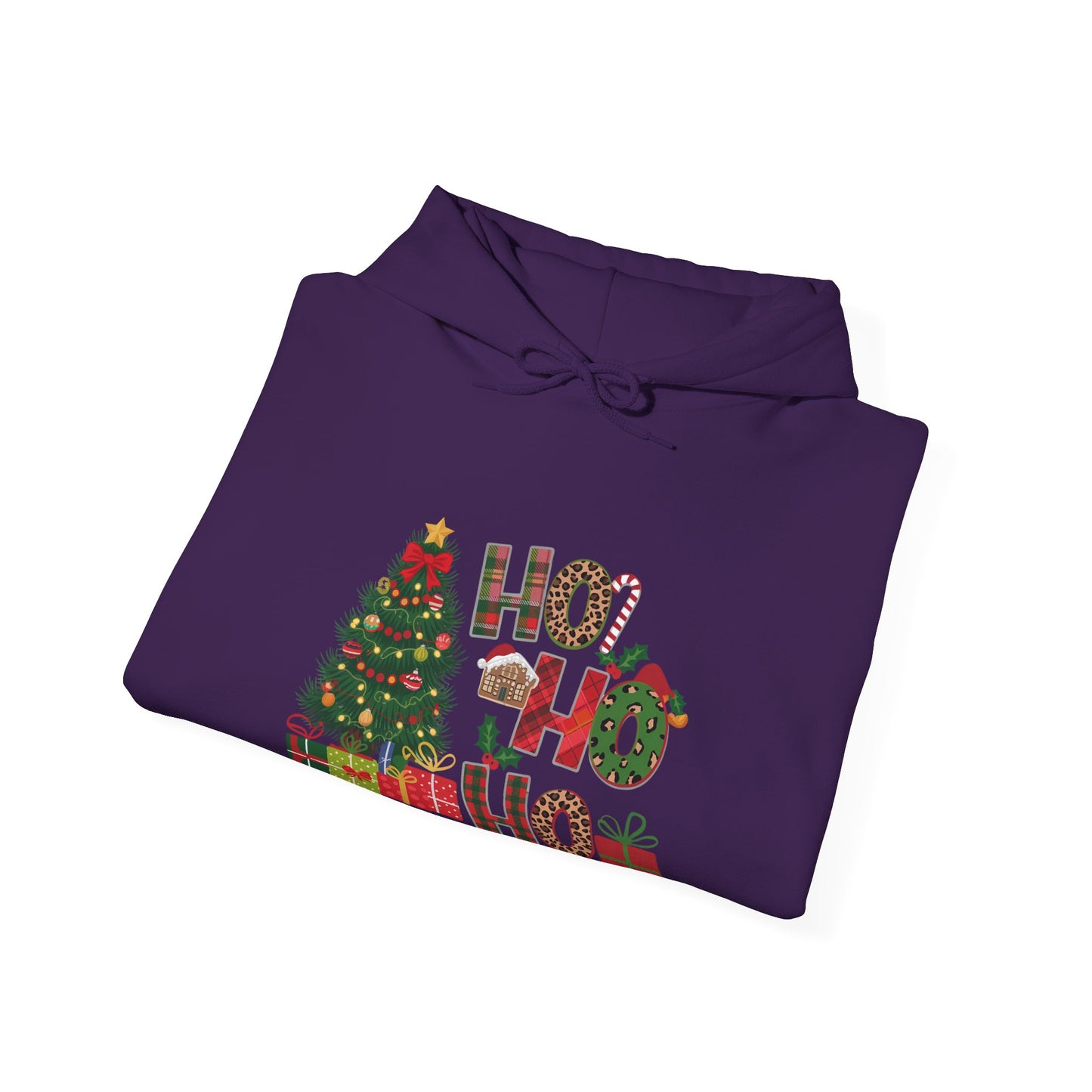 Christmas 'Ho Ho Ho' Hoodie with Tree & Gifts - Festive Holiday Sweatshirt