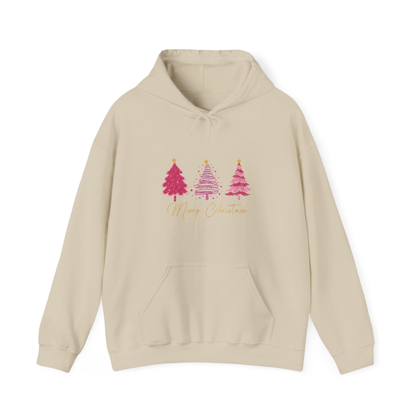 Christmas Pink Tree Hoodie — Merry Christmas Script Holiday Sweatshirt