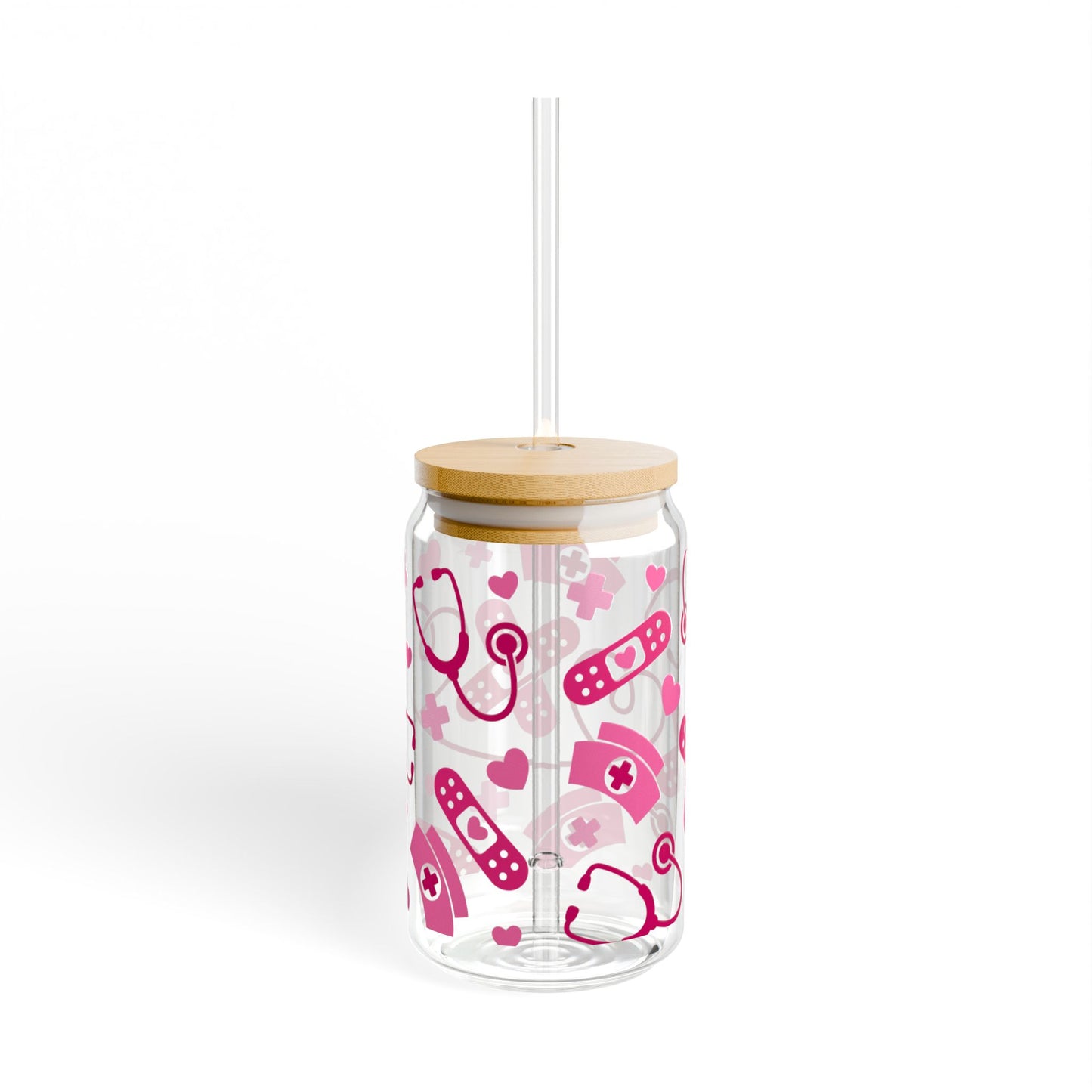 16oz Medical Hearts Sipper Glass – Nurse Stethoscope & Bandage Drink Tumbler