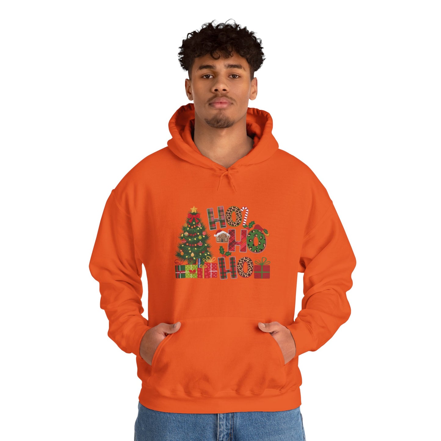 Christmas 'Ho Ho Ho' Hoodie with Tree & Gifts - Festive Holiday Sweatshirt