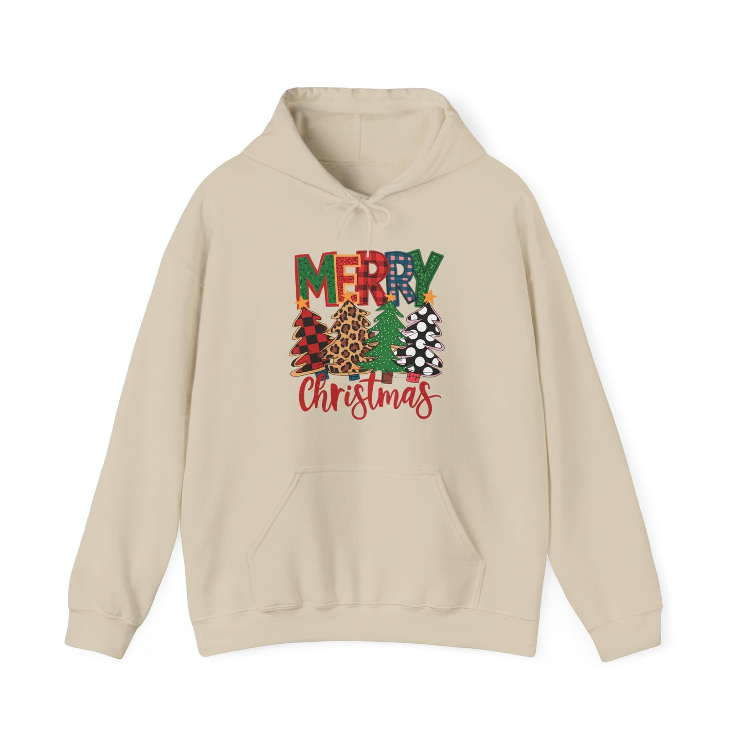 Merry Christmas Pine Tree Hoodie — Festive Buffalo Plaid Holiday Sweatshirt