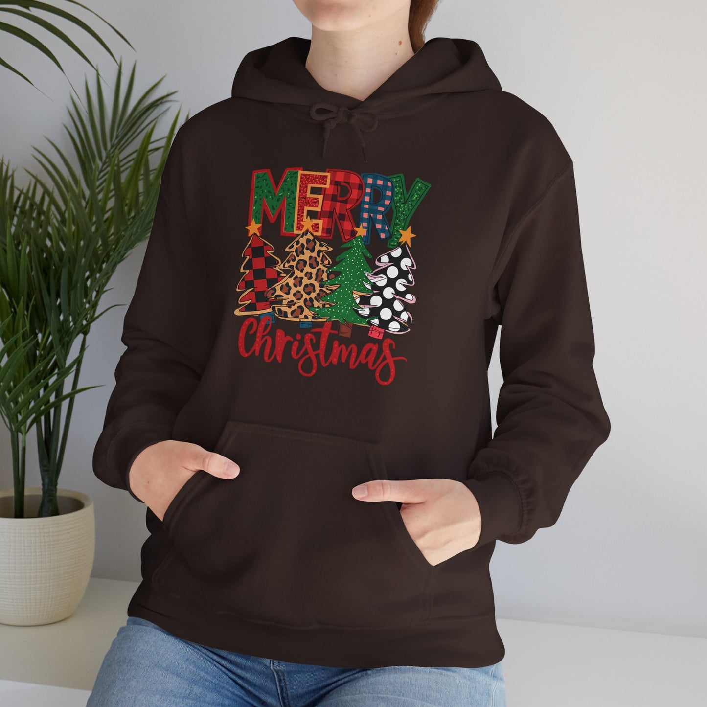 Merry Christmas Pine Tree Hoodie — Festive Buffalo Plaid Holiday Sweatshirt