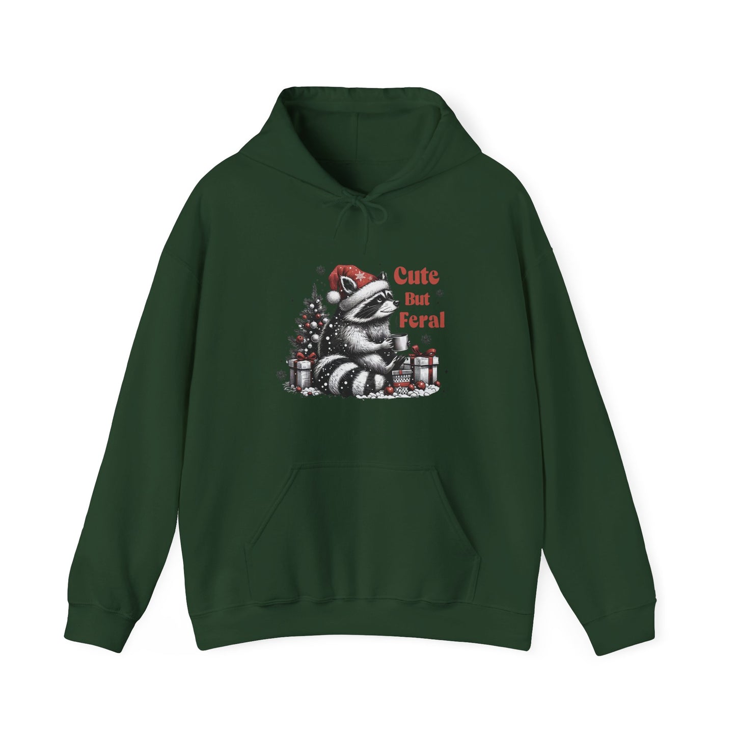 Cute But Feral Raccoon Holiday Hoodie — Christmas Animal Graphic Sweatshirt