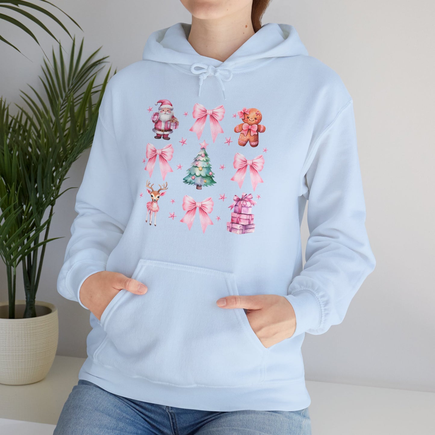 Christmas Graphic Hoodie — Pink Holiday Icons (Santa, Tree, Gingerbread, Bows)