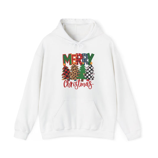 Merry Christmas Pine Tree Hoodie — Festive Buffalo Plaid Holiday Sweatshirt