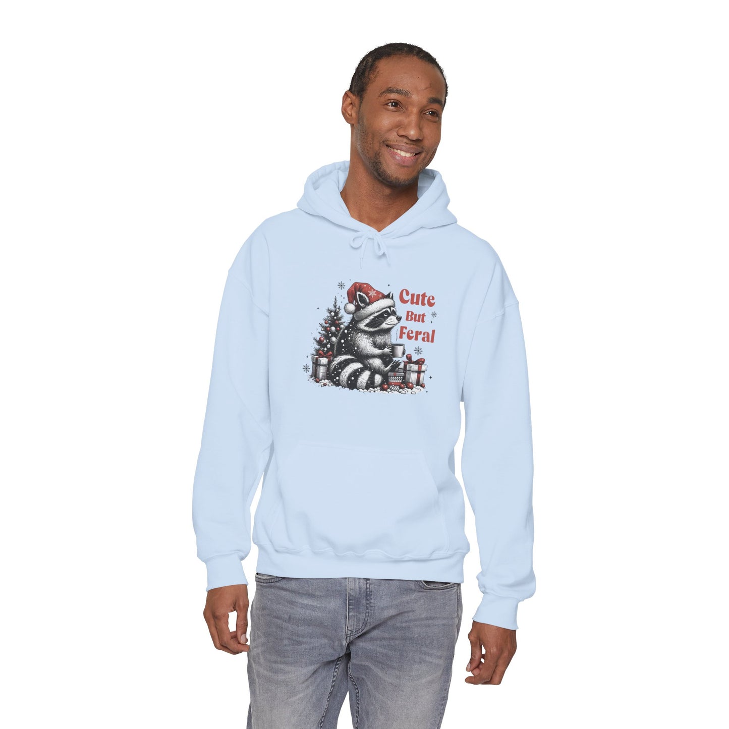 Cute But Feral Raccoon Holiday Hoodie — Christmas Animal Graphic Sweatshirt