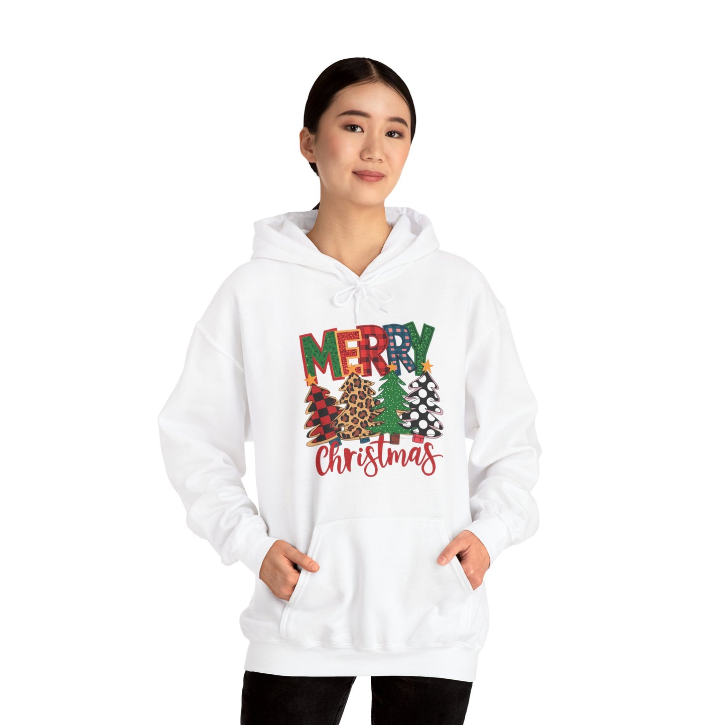 Merry Christmas Pine Tree Hoodie — Festive Buffalo Plaid Holiday Sweatshirt