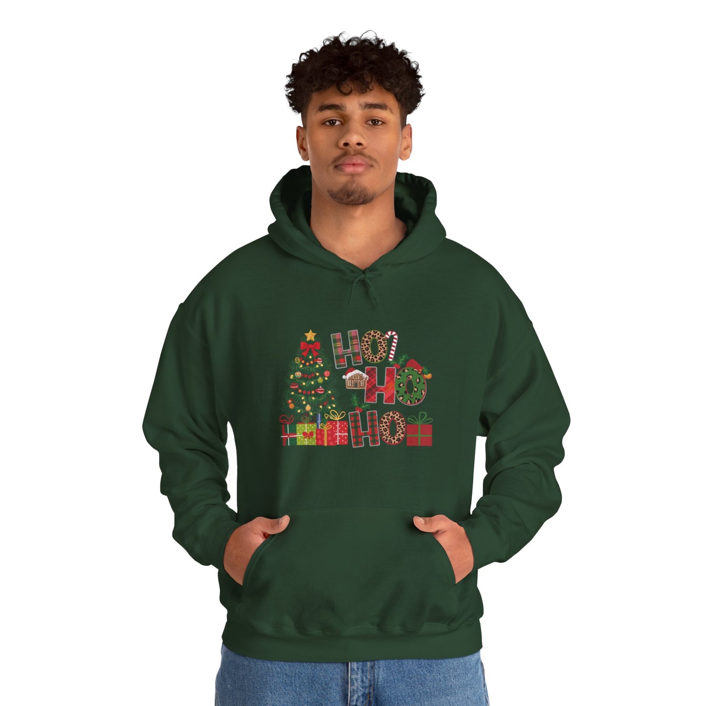 Christmas 'Ho Ho Ho' Hoodie with Tree & Gifts - Festive Holiday Sweatshirt