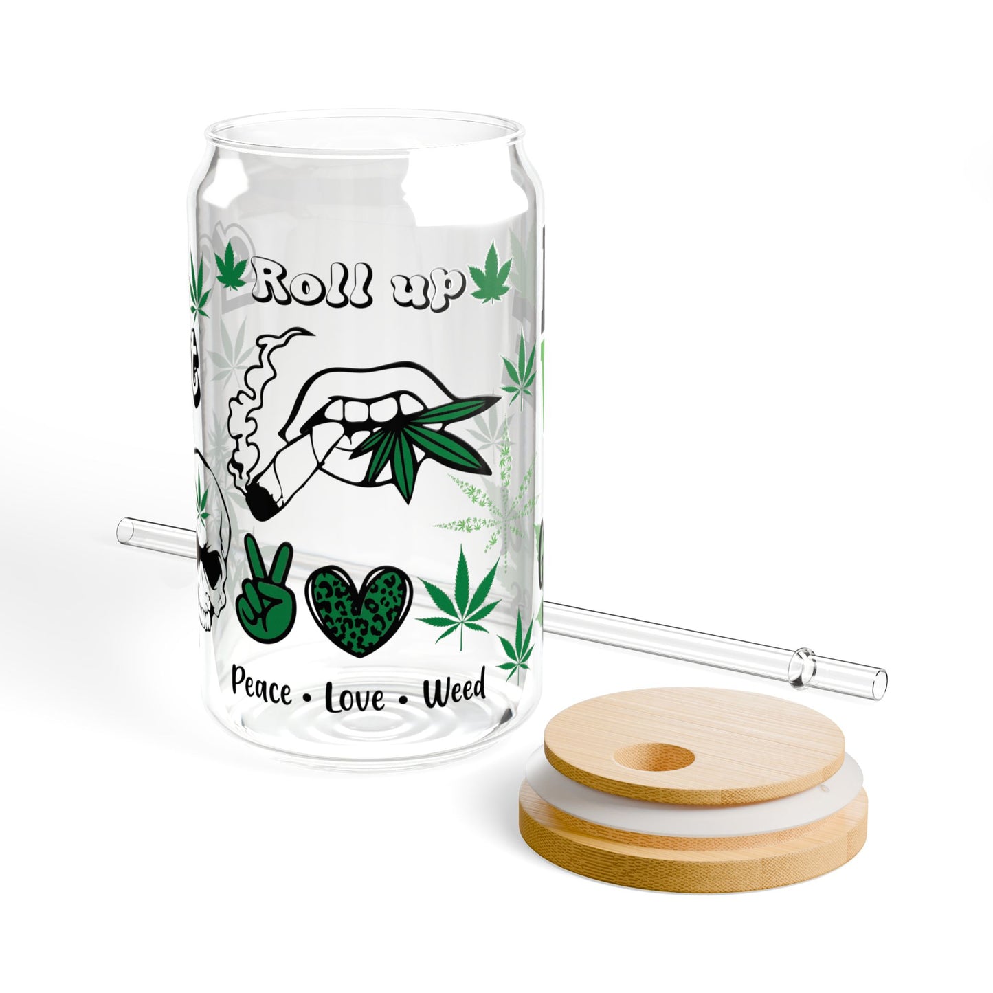 Glass Sipper Cup — 'Roll Up / Get Lit' Cannabis Leaf Design, 16oz