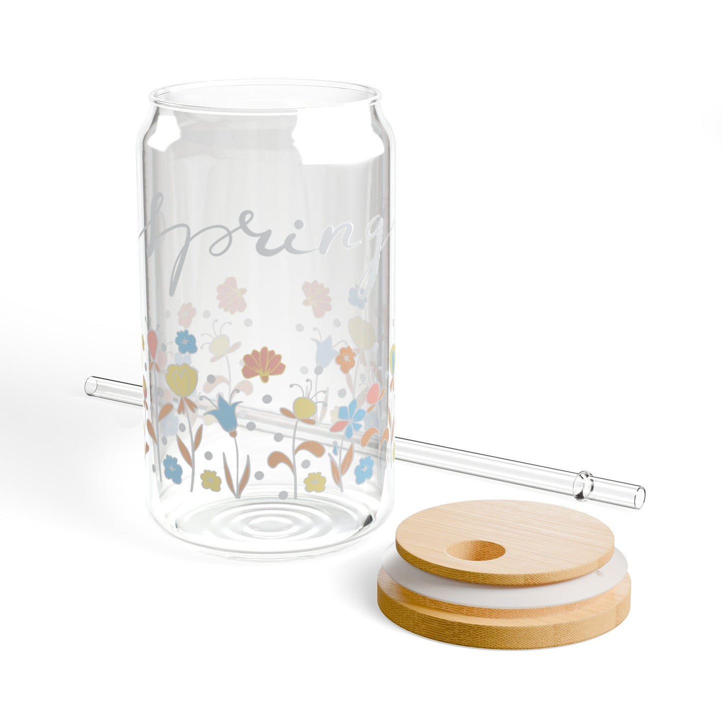 16oz Floral Sipper Glass Tumbler with Bamboo Lid & Straw — Pretty Pastel Flower Design