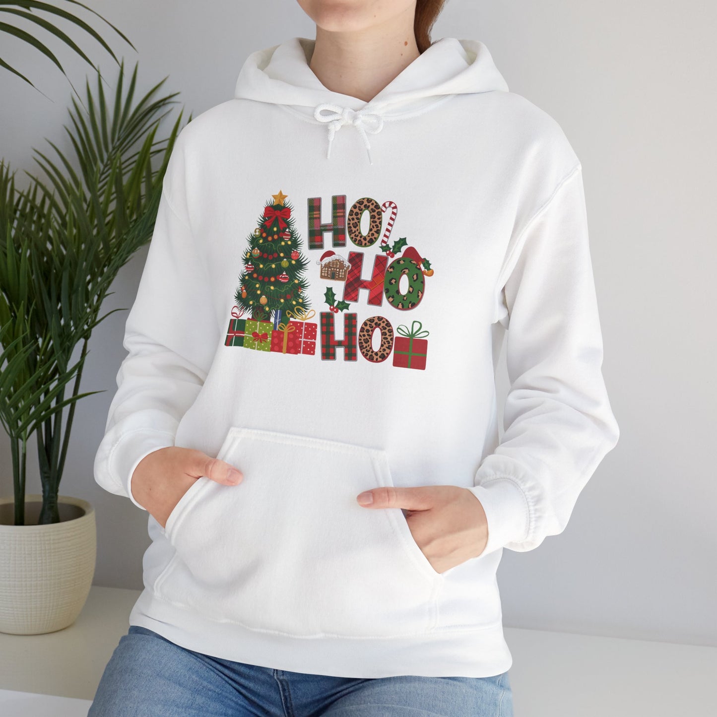 Christmas 'Ho Ho Ho' Hoodie with Tree & Gifts - Festive Holiday Sweatshirt