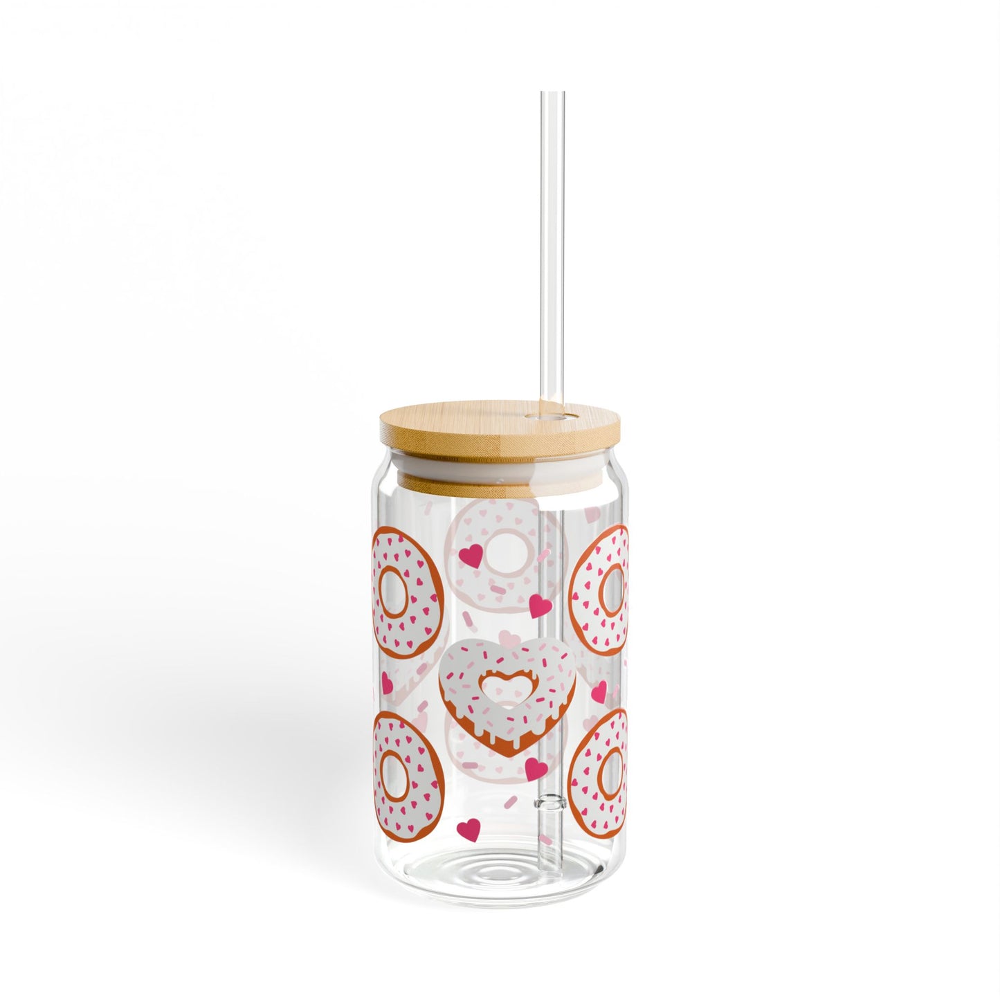 Donut Hearts 16oz Sipper Glass — Clear Tumbler with Straw & Bamboo Lid