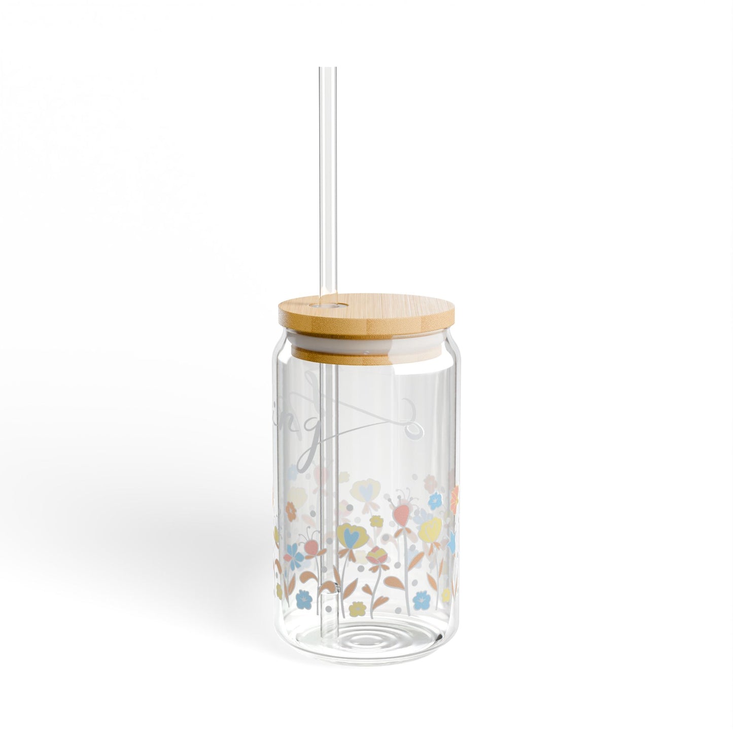16oz Floral Sipper Glass Tumbler with Bamboo Lid & Straw — Pretty Pastel Flower Design