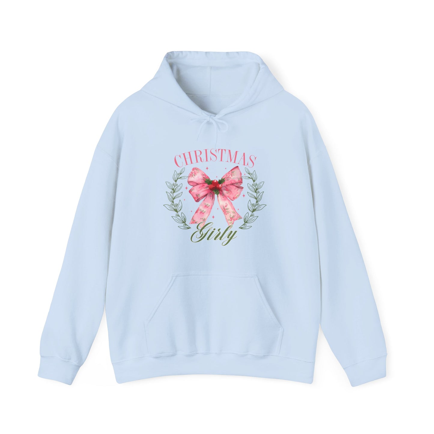Christmas Girly Hoodie – Pink Bow Wreath Holiday Sweatshirt