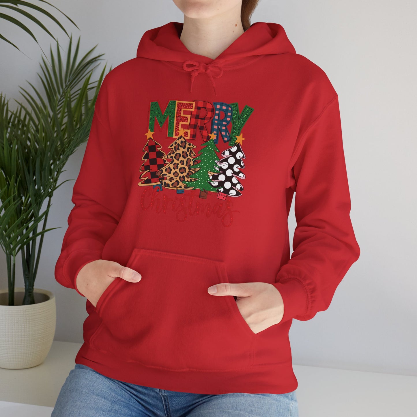 Merry Christmas Pine Tree Hoodie — Festive Buffalo Plaid Holiday Sweatshirt