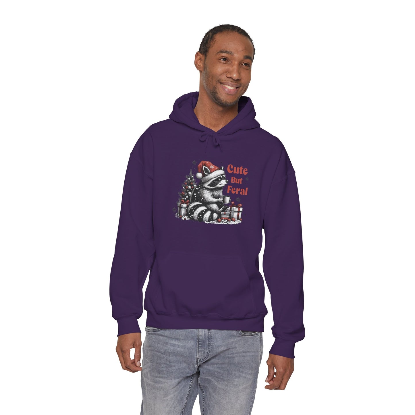 Cute But Feral Raccoon Holiday Hoodie — Christmas Animal Graphic Sweatshirt