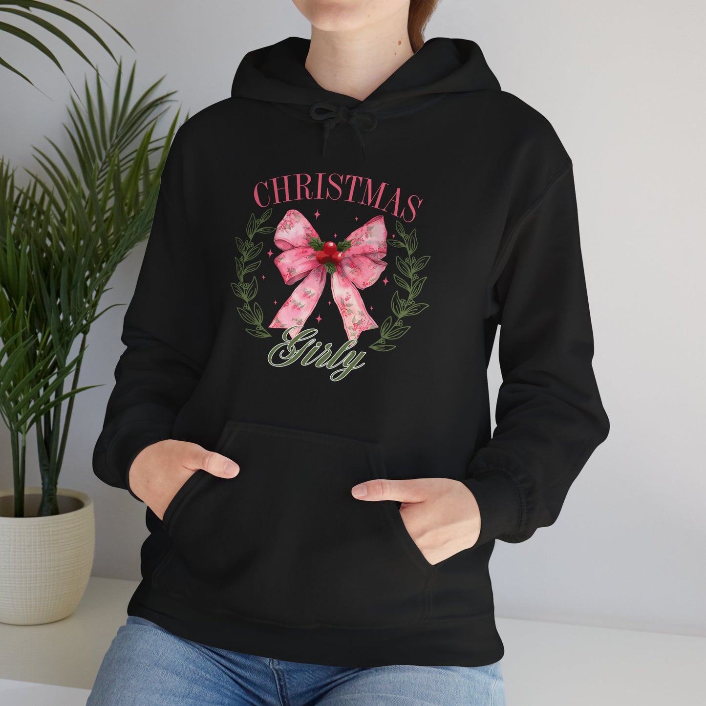 Christmas Girly Hoodie – Pink Bow Wreath Holiday Sweatshirt