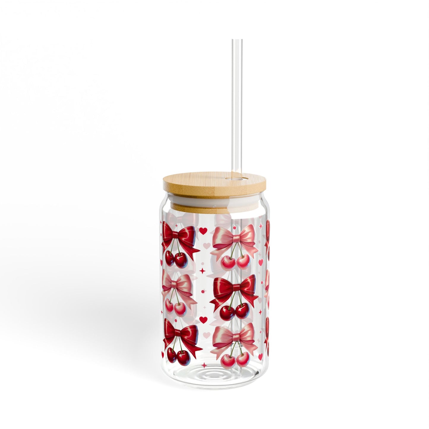 16oz Glass Sipper with Red Bow & Hearts — Valentines Straw Tumbler