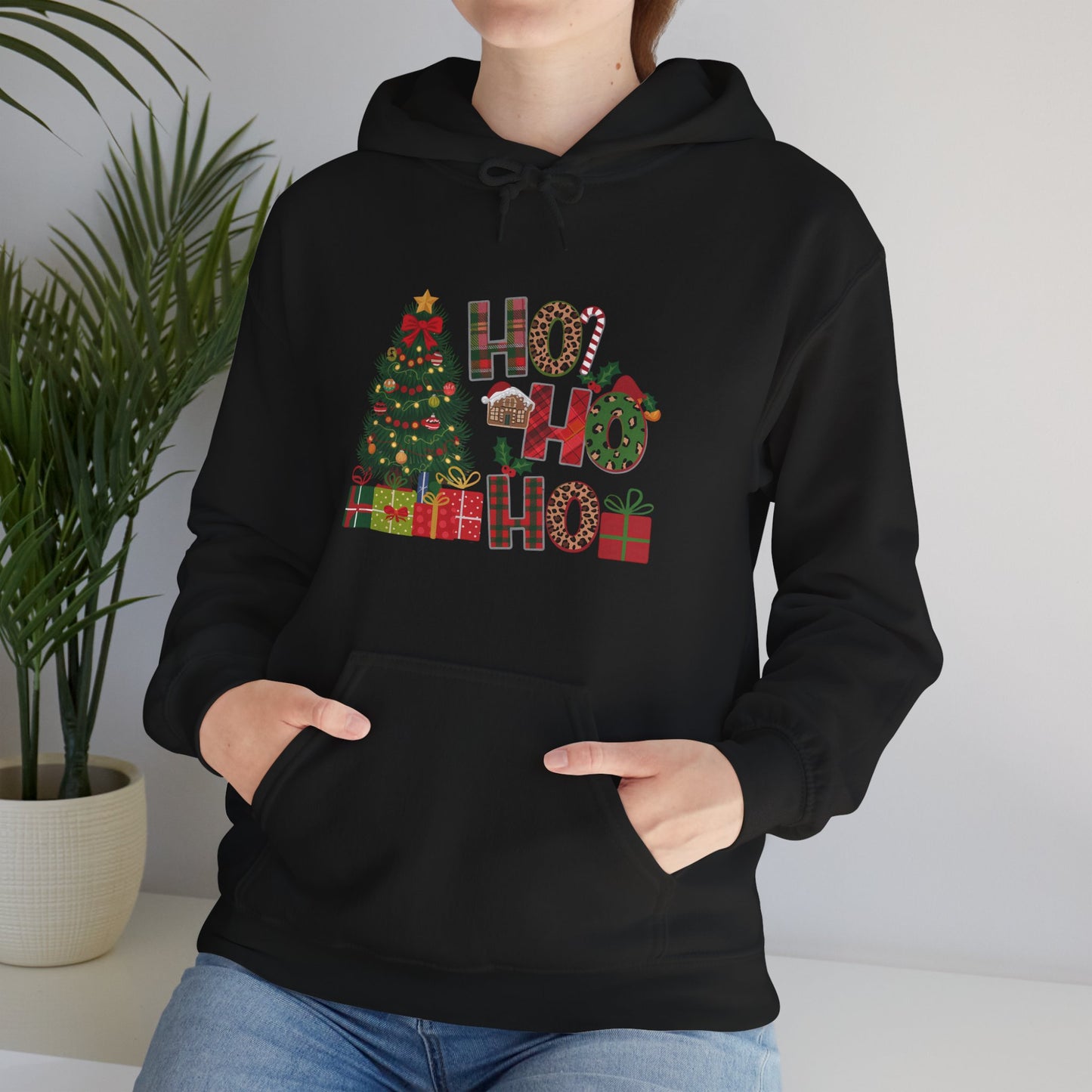 Christmas 'Ho Ho Ho' Hoodie with Tree & Gifts - Festive Holiday Sweatshirt