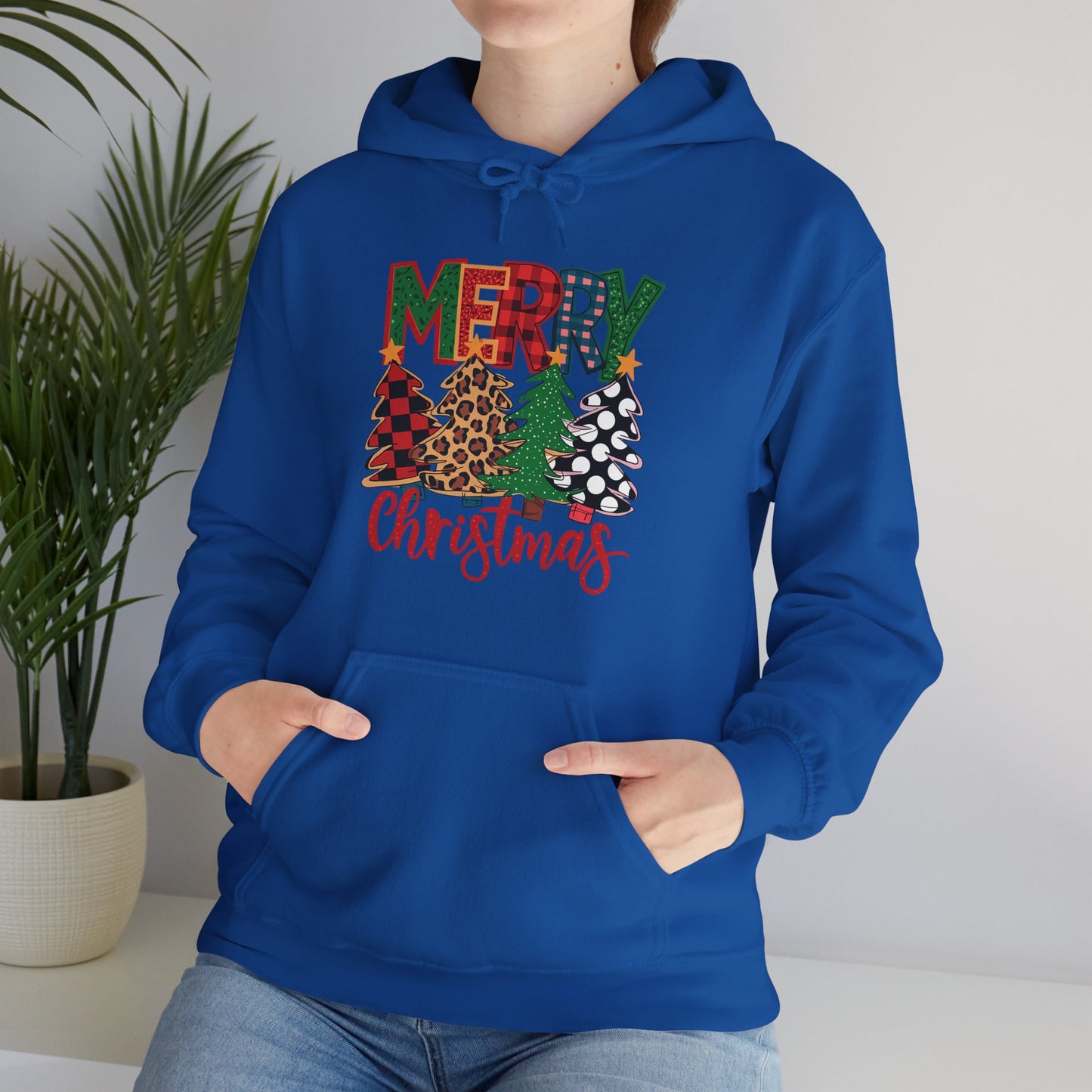 Merry Christmas Pine Tree Hoodie — Festive Buffalo Plaid Holiday Sweatshirt