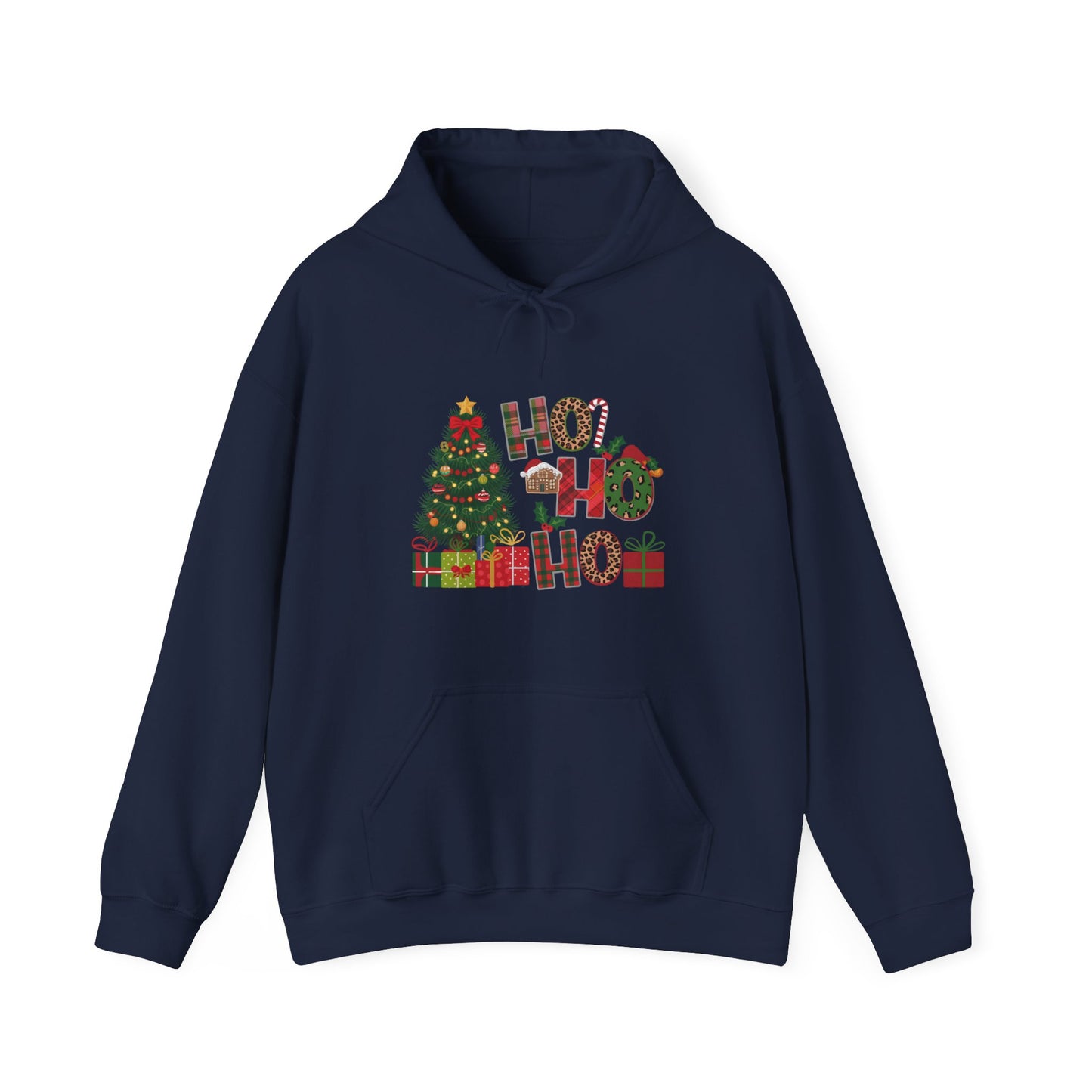 Christmas 'Ho Ho Ho' Hoodie with Tree & Gifts - Festive Holiday Sweatshirt