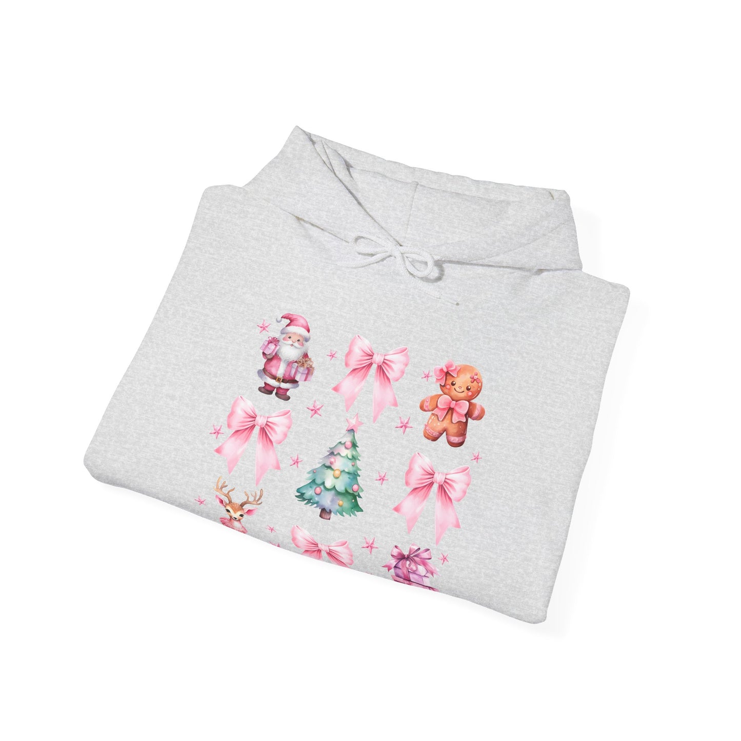 Christmas Graphic Hoodie — Pink Holiday Icons (Santa, Tree, Gingerbread, Bows)