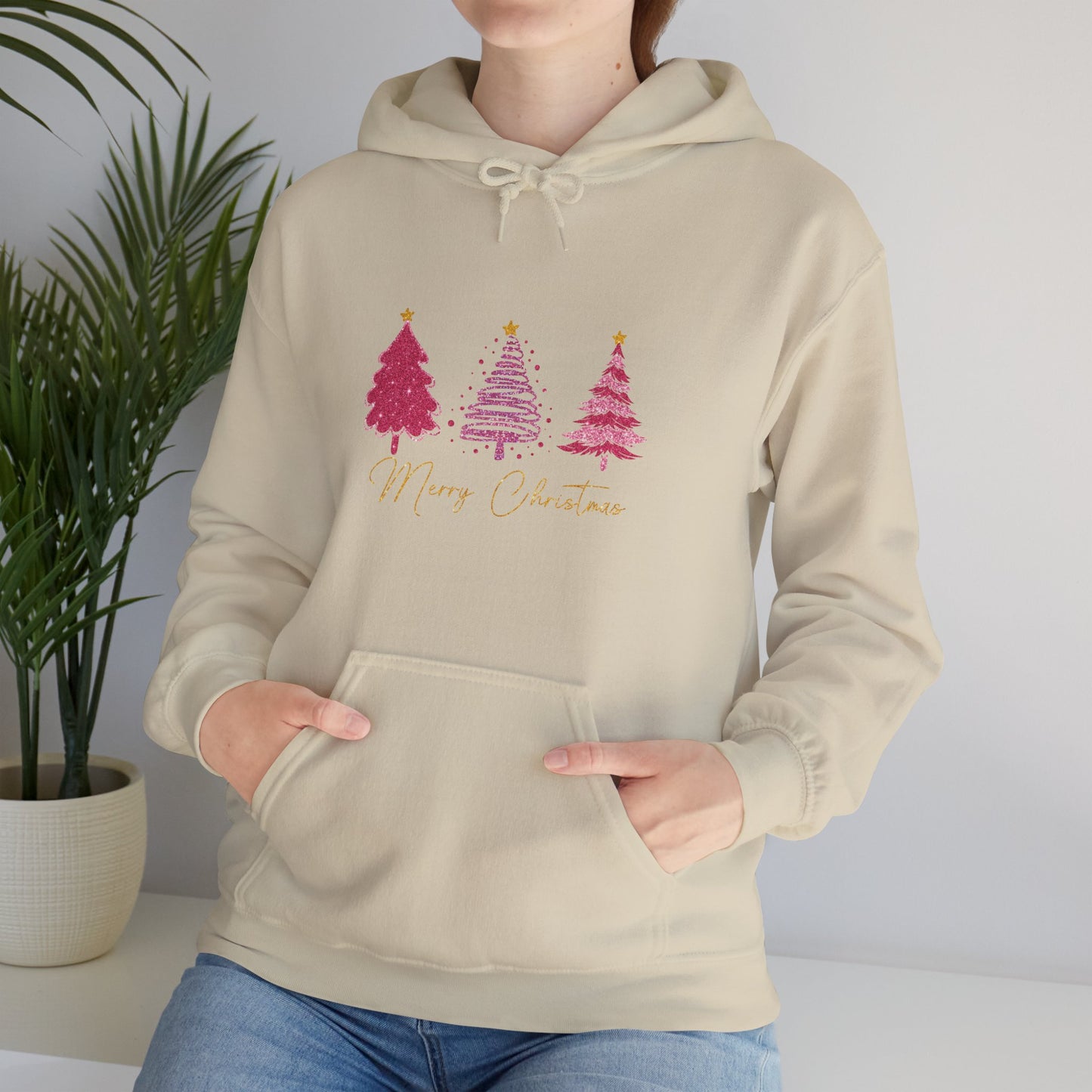Christmas Pink Tree Hoodie — Merry Christmas Script Holiday Sweatshirt