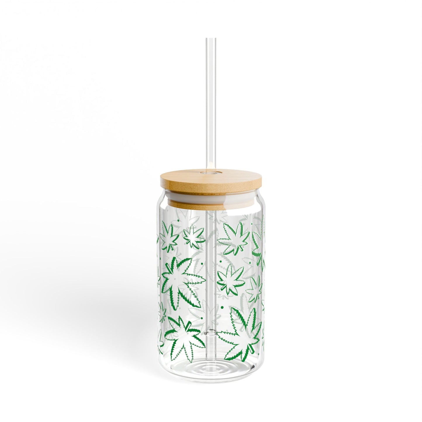 Leaf Pattern 16oz Glass Sipper with Bamboo Lid & Straw