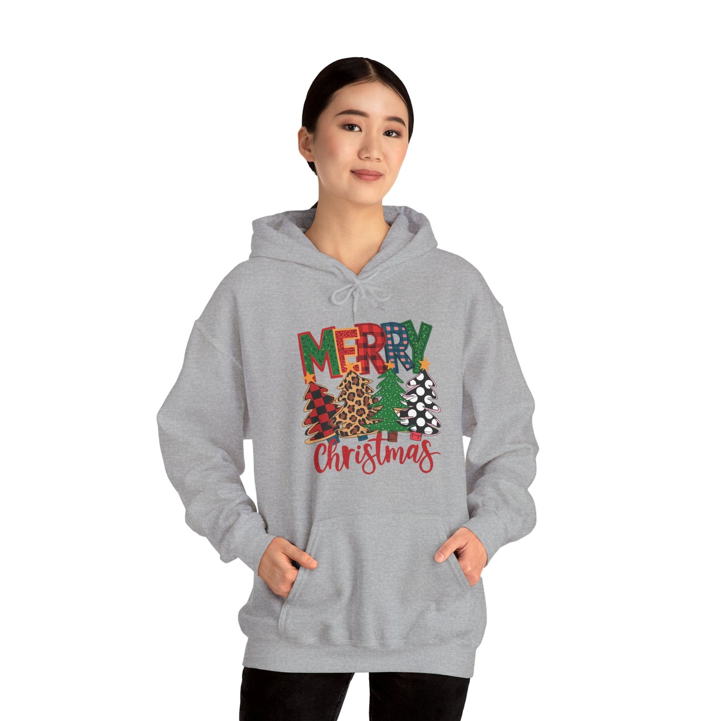 Merry Christmas Pine Tree Hoodie — Festive Buffalo Plaid Holiday Sweatshirt