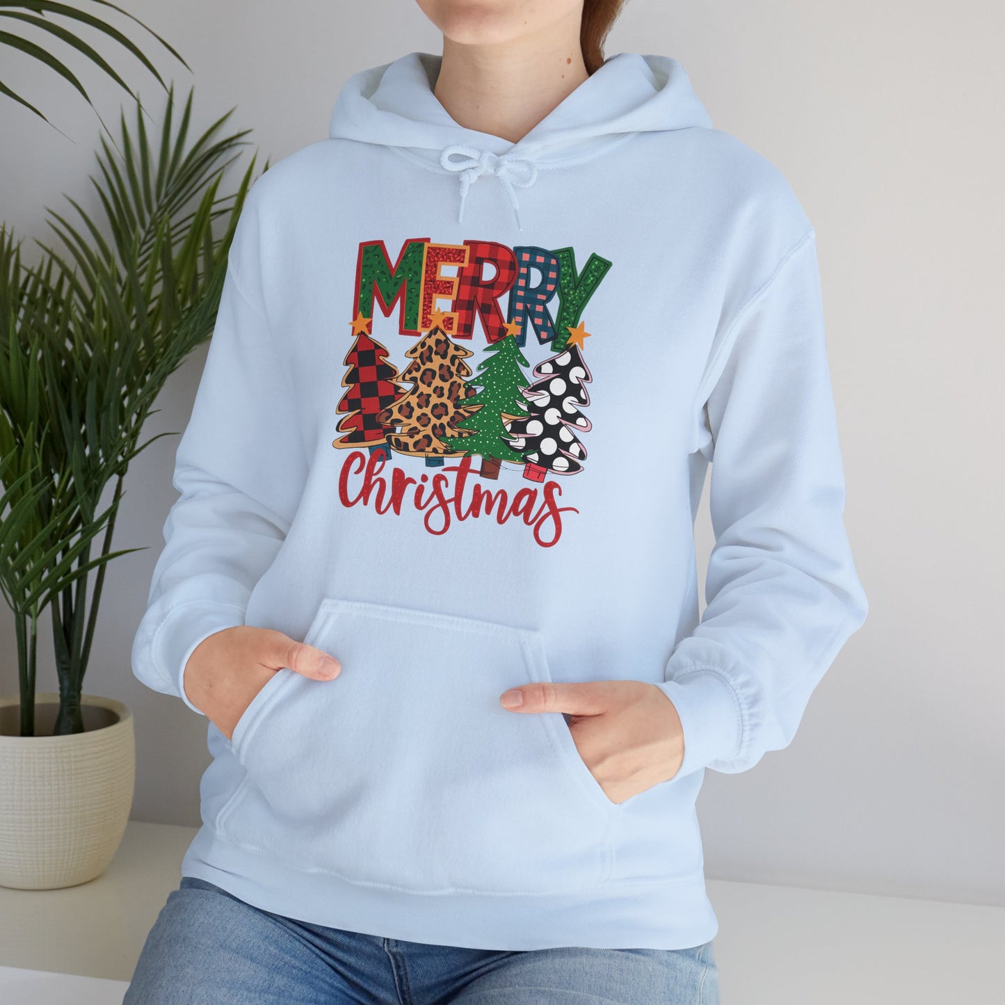 Merry Christmas Pine Tree Hoodie — Festive Buffalo Plaid Holiday Sweatshirt