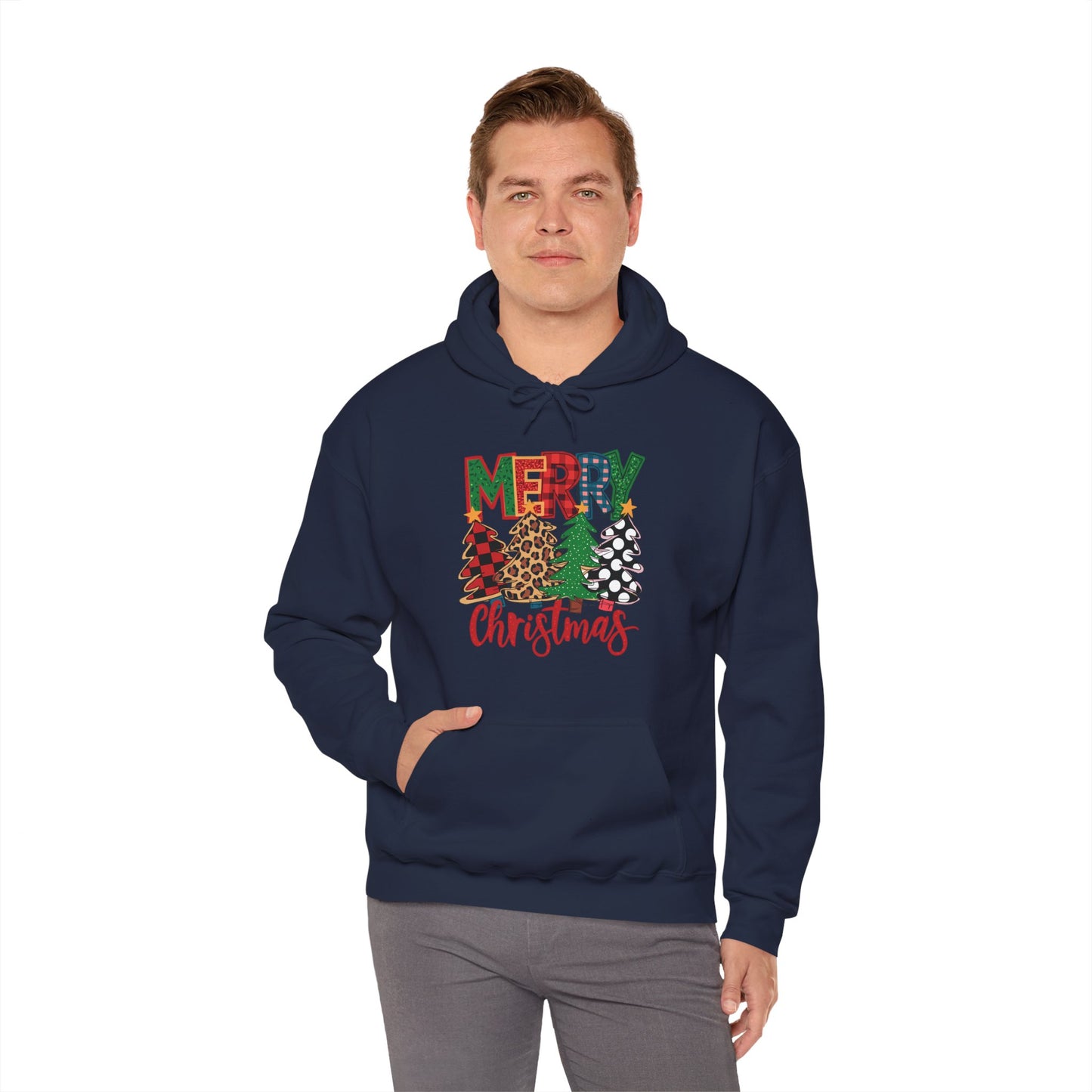 Merry Christmas Pine Tree Hoodie — Festive Buffalo Plaid Holiday Sweatshirt