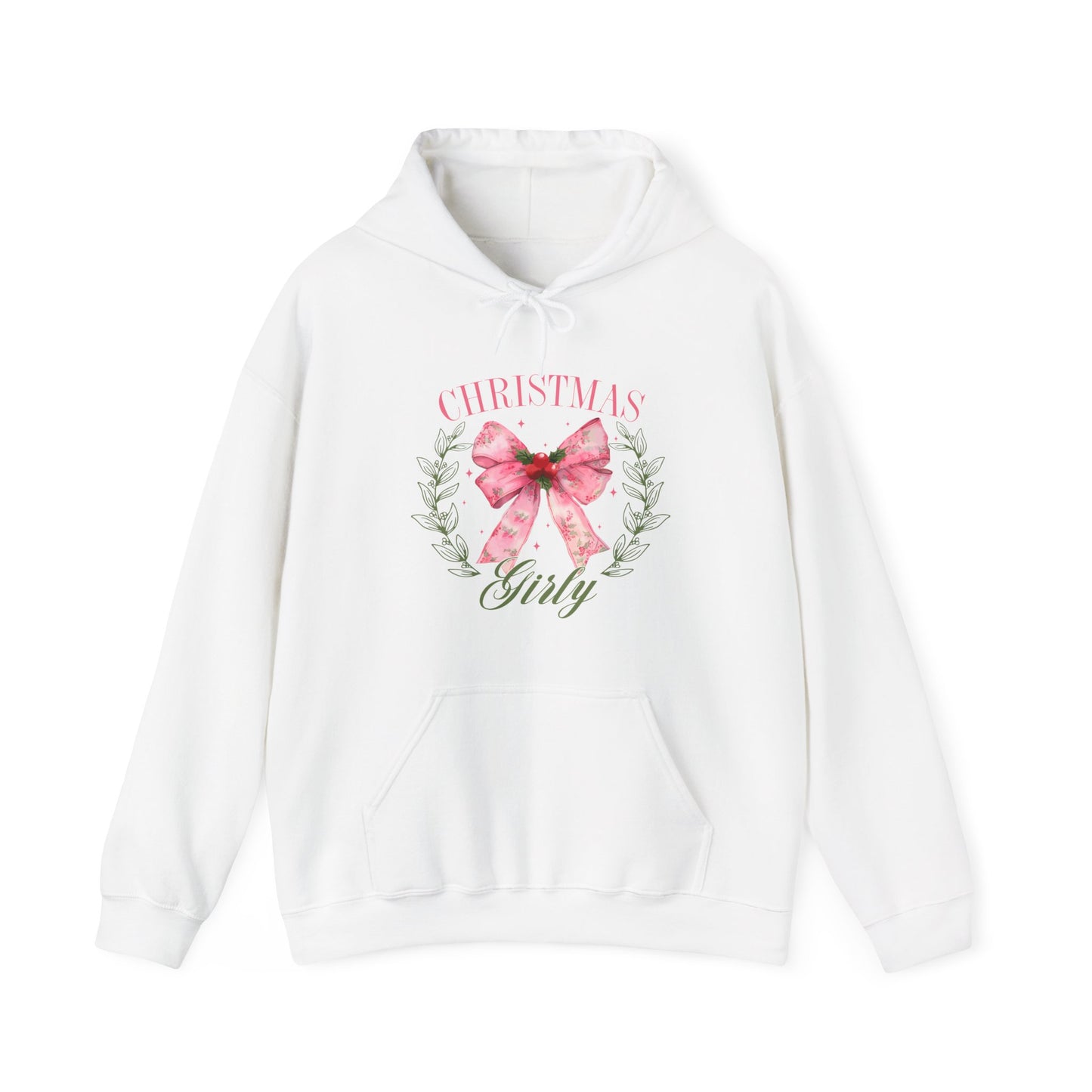 Christmas Girly Hoodie – Pink Bow Wreath Holiday Sweatshirt