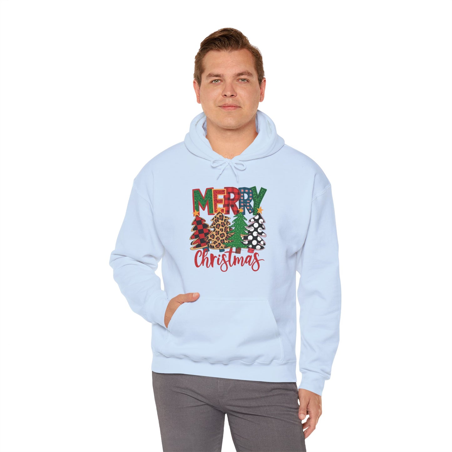 Merry Christmas Pine Tree Hoodie — Festive Buffalo Plaid Holiday Sweatshirt