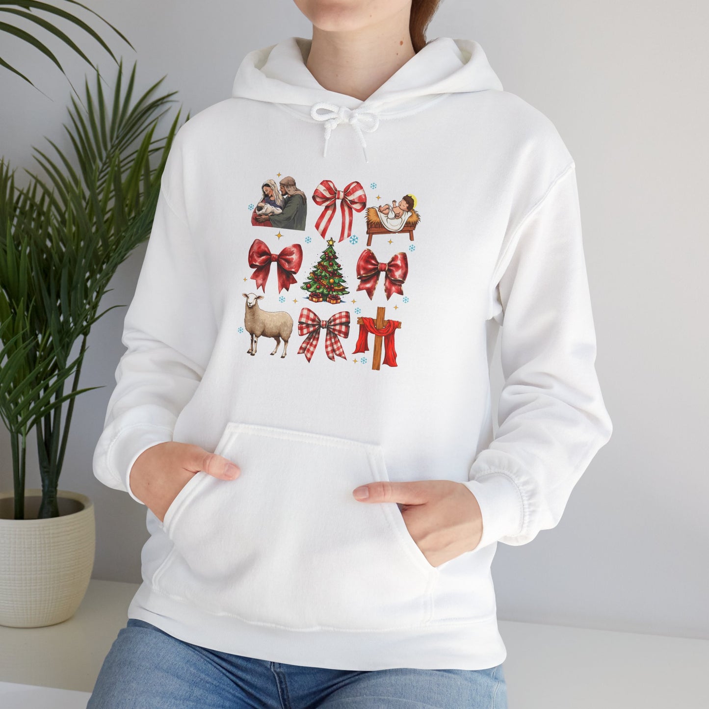 Christmas Bow & Reindeer Hoodie — Festive Holiday Graphic Sweatshirt