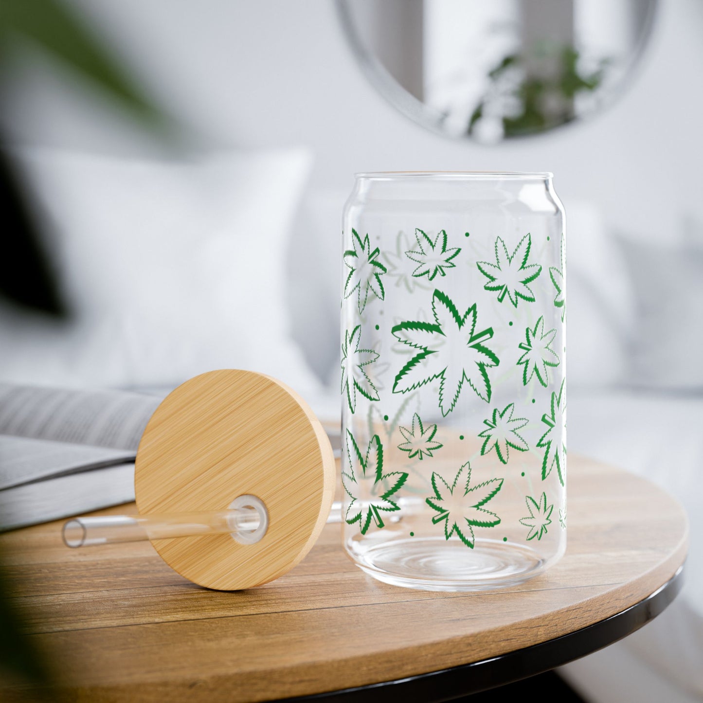Leaf Pattern 16oz Glass Sipper with Bamboo Lid & Straw