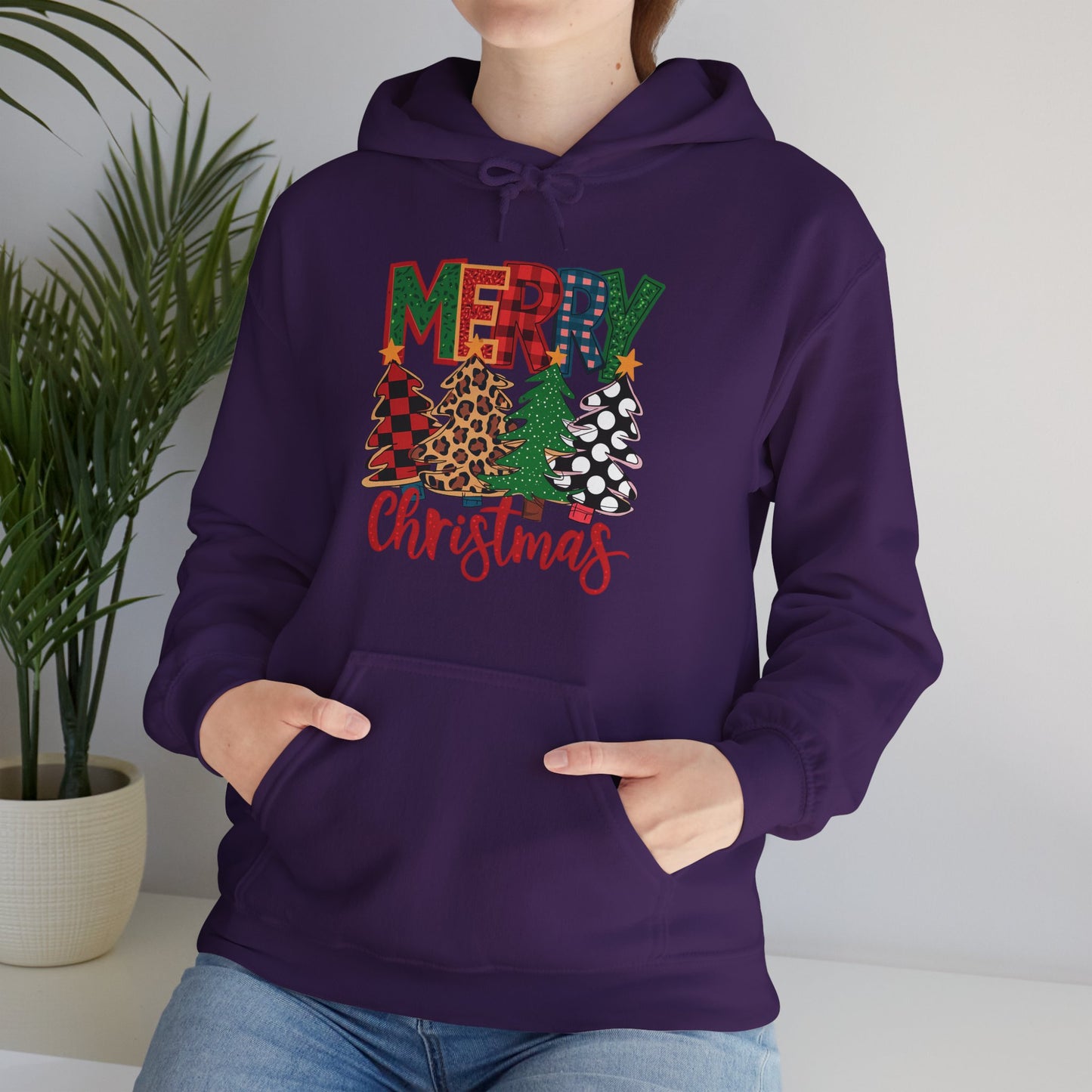 Merry Christmas Pine Tree Hoodie — Festive Buffalo Plaid Holiday Sweatshirt