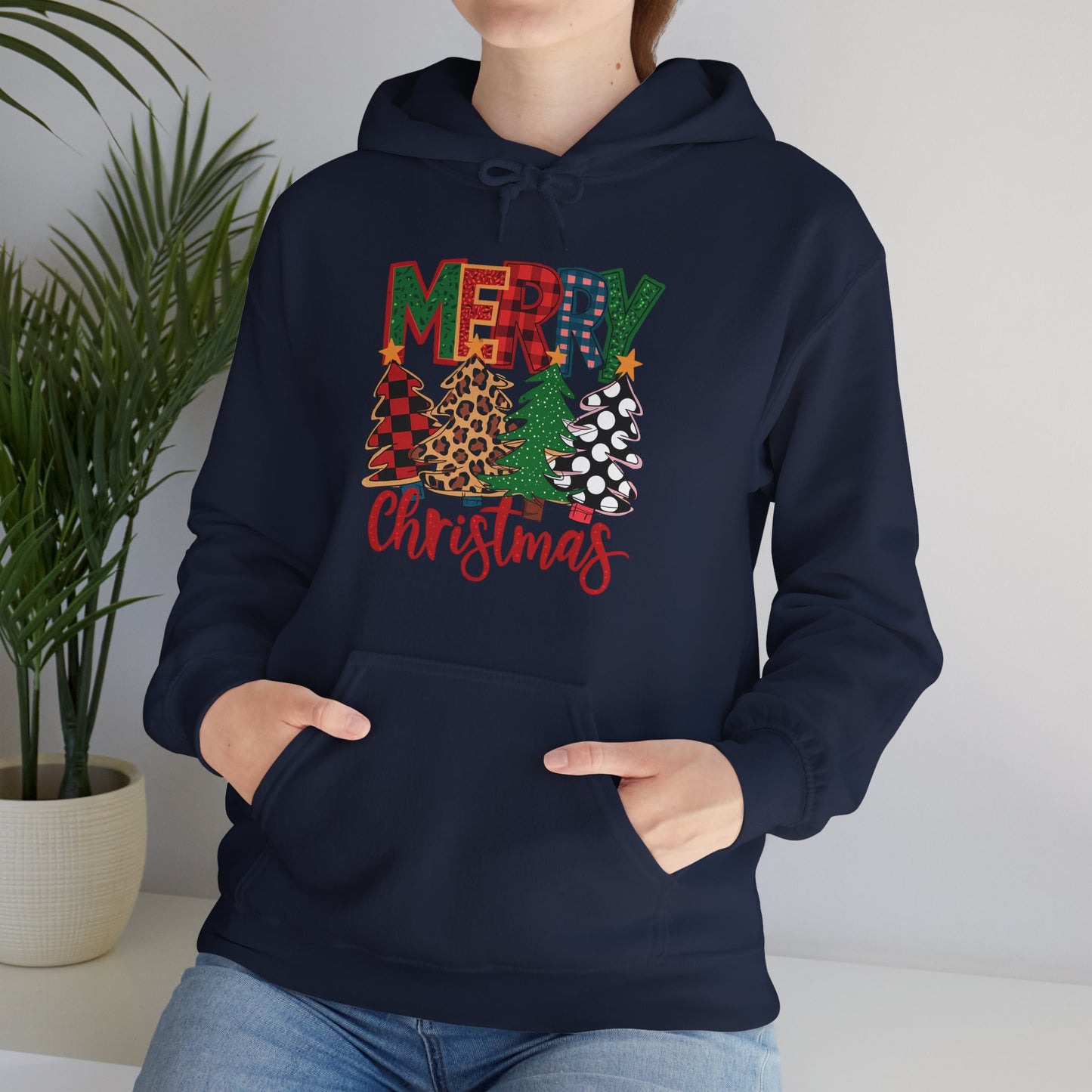Merry Christmas Pine Tree Hoodie — Festive Buffalo Plaid Holiday Sweatshirt