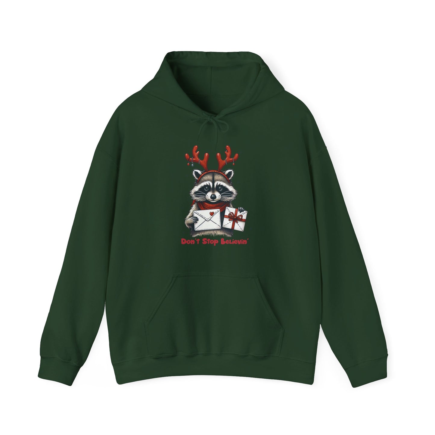 Christmas Raccoon Hoodie — 'Don't Stop Believin'' Festive Holiday Sweatshirt