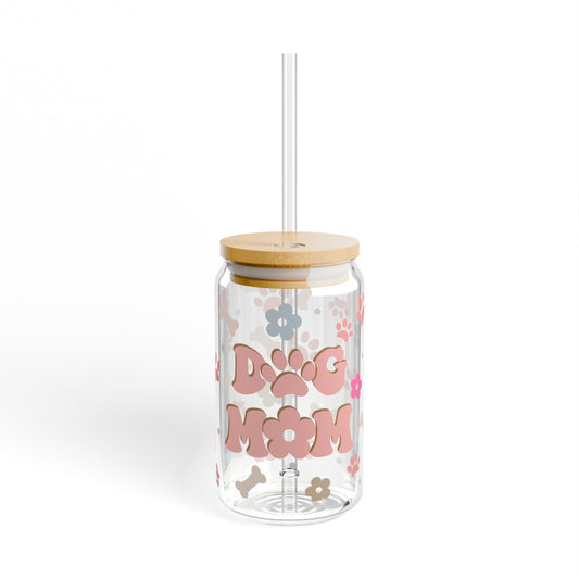 Dog Mom Floral Sipper Glass – 16oz Mason Jar Tumbler with Straw