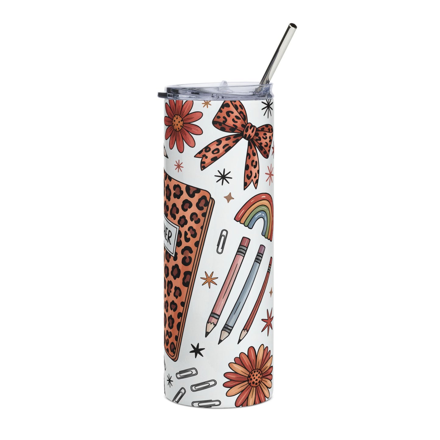 Teacher Leopard Print 20oz Stainless Steel Tumbler — Coffee & School Supplies Design