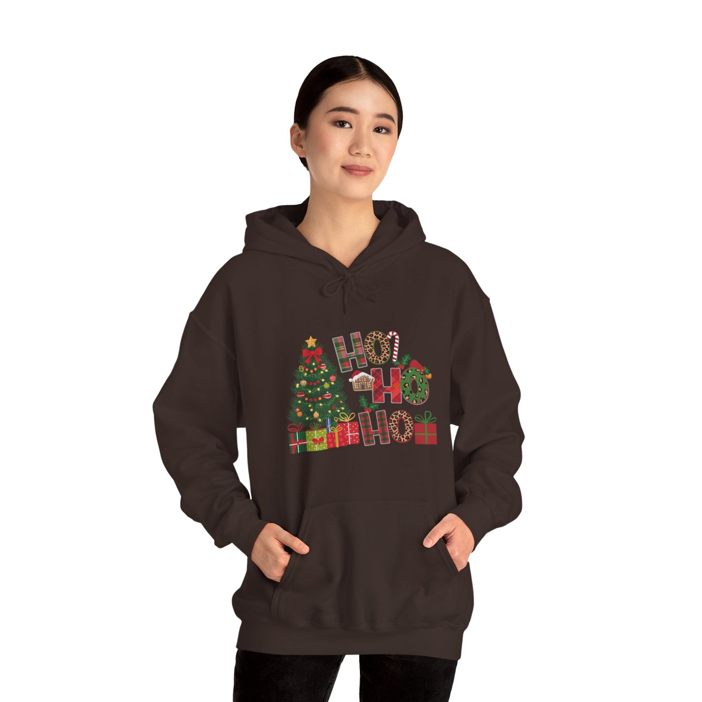 Christmas 'Ho Ho Ho' Hoodie with Tree & Gifts - Festive Holiday Sweatshirt