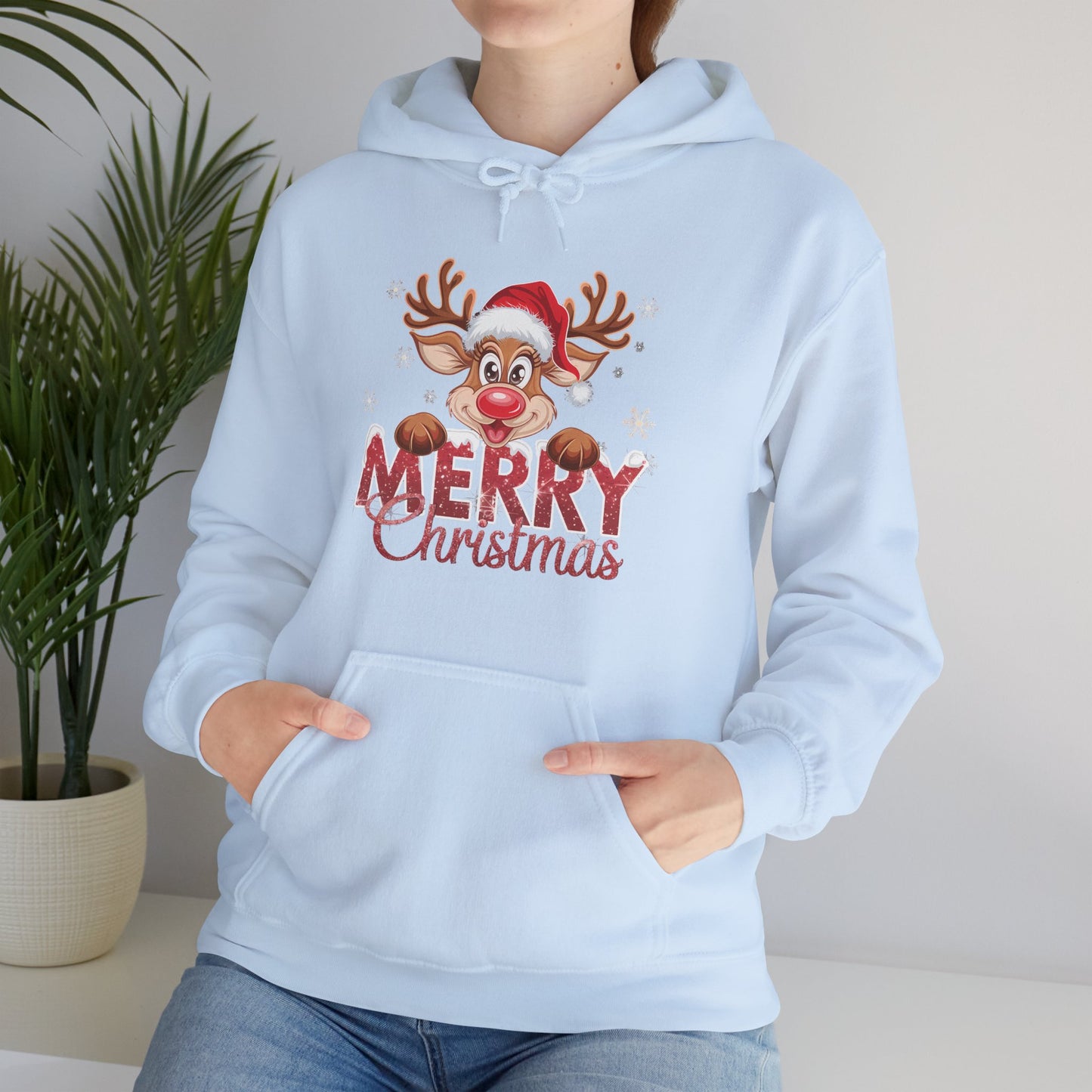 Christmas Reindeer Hoodie - 'Merry Christmas' Cute Santa Reindeer Holiday Sweatshirt