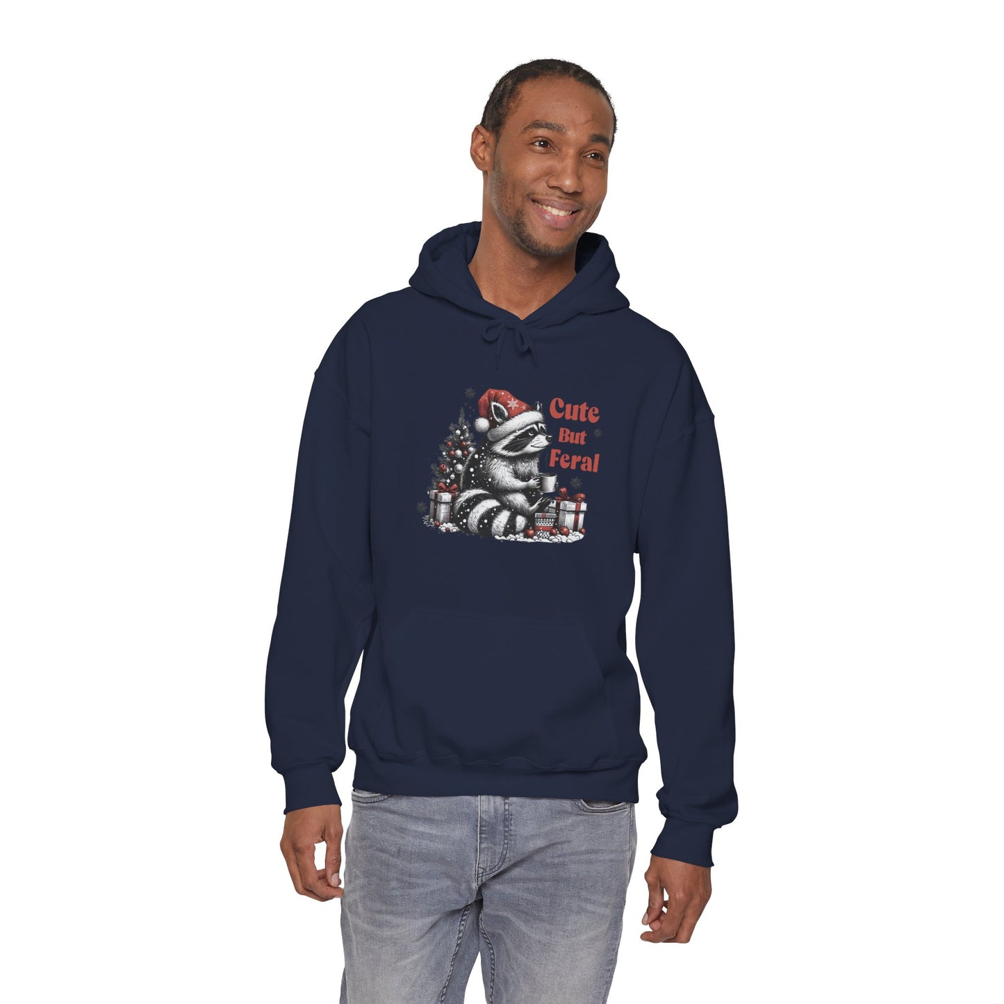 Cute But Feral Raccoon Holiday Hoodie — Christmas Animal Graphic Sweatshirt