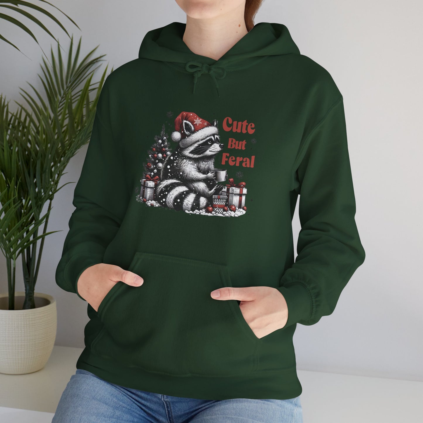 Cute But Feral Raccoon Holiday Hoodie — Christmas Animal Graphic Sweatshirt