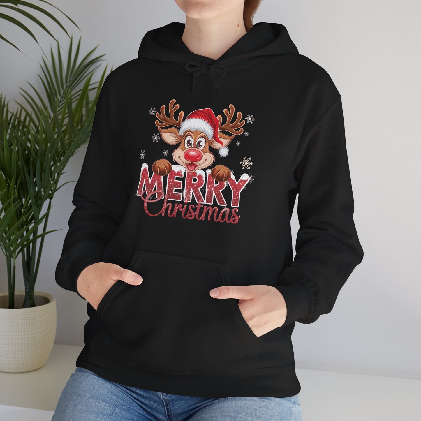 Christmas Reindeer Hoodie - 'Merry Christmas' Cute Santa Reindeer Holiday Sweatshirt