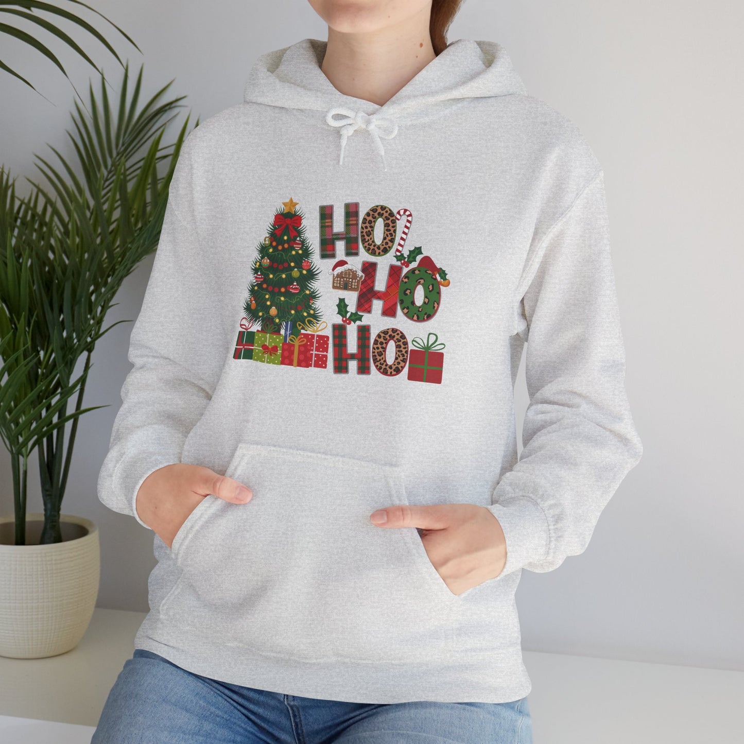 Christmas 'Ho Ho Ho' Hoodie with Tree & Gifts - Festive Holiday Sweatshirt