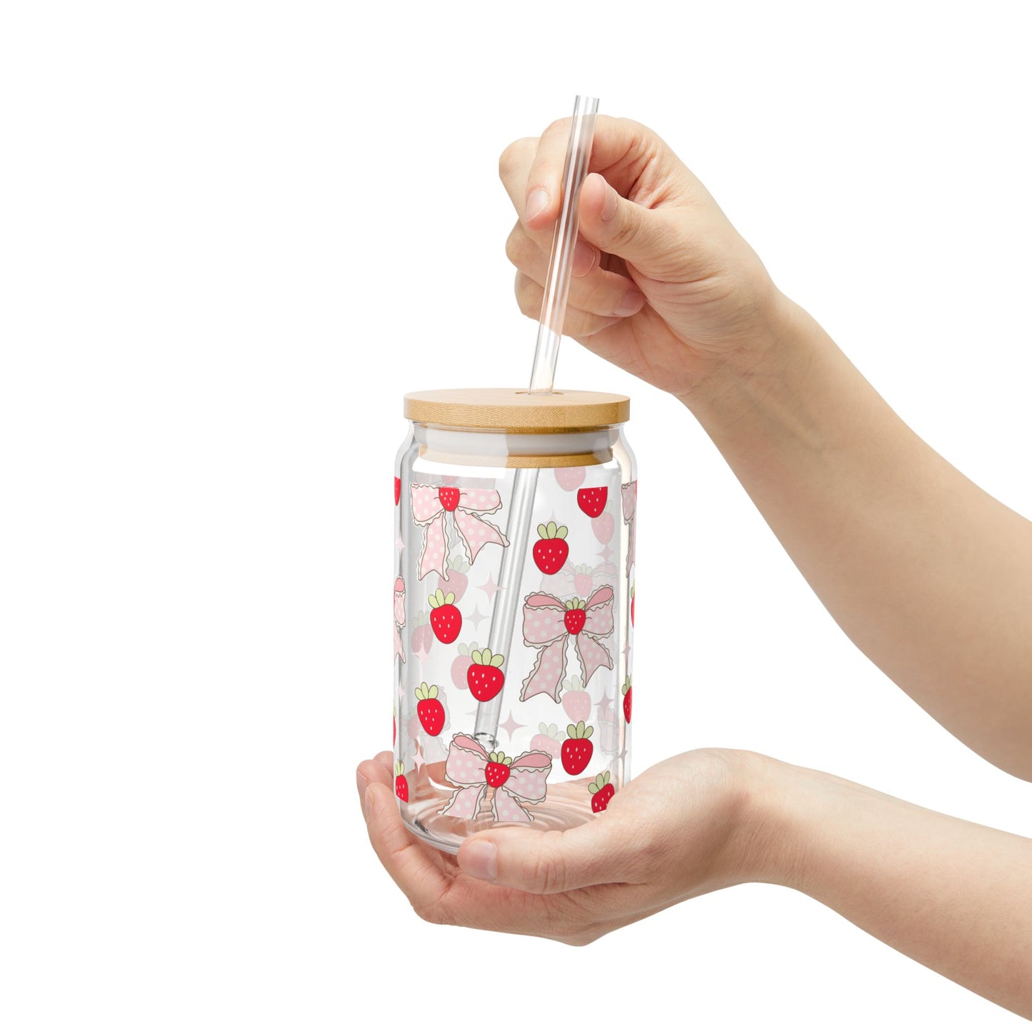 16oz Strawberry Bow Sipper Glass – Reusable Straw Tumbler